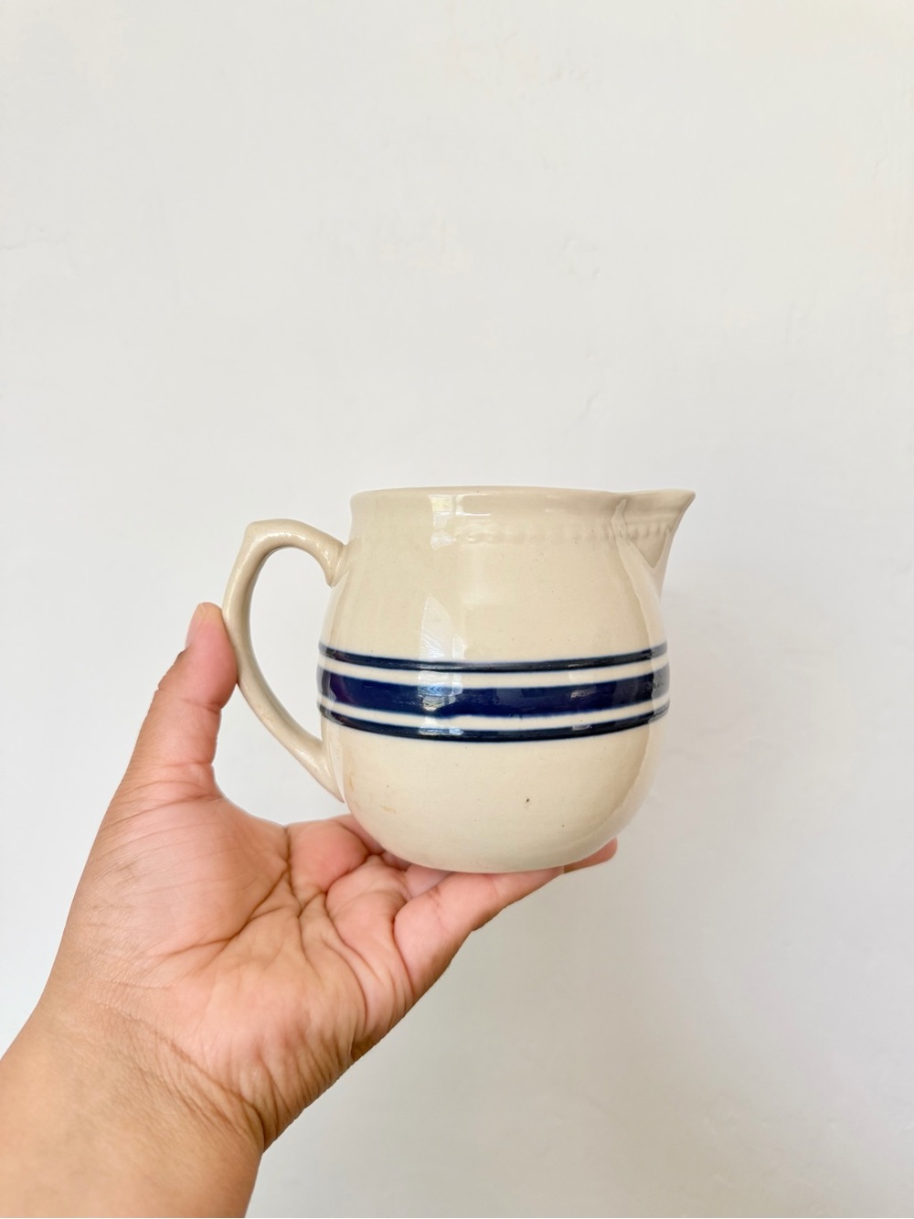 Vintage Cream Stoneware Creamer Pitcher Blue Striped